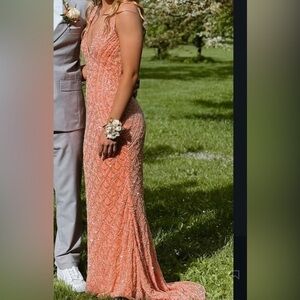 Chic Coral Beaded Evening Dress